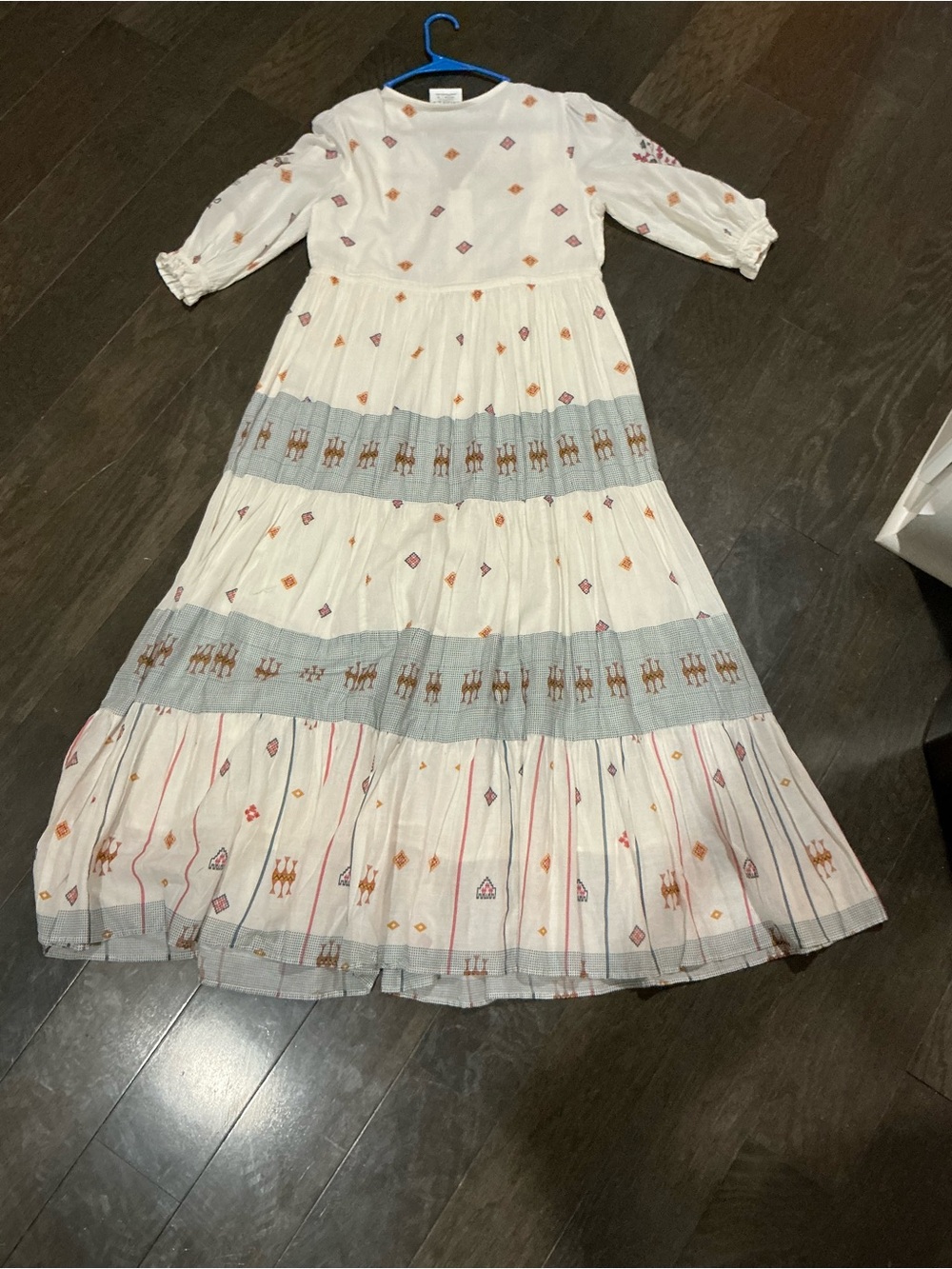 Bohemian Maxi Dress in Ivory with Blue Trim